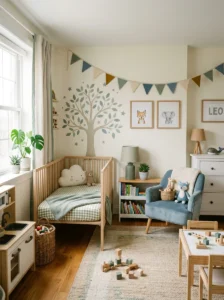 Calm accent colors adding warmth to toddler bedroom