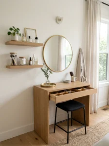 Wall-mounted shelves above vanity for storage