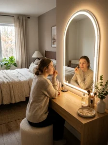 Soft lighting around vanity mirror