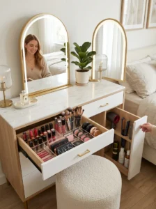 Hidden drawer storage in clean vanity setup
