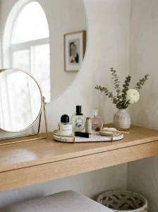 Decorative tray organizing vanity essentials