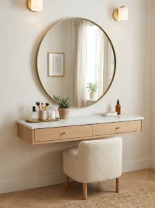 Round mirror adding soft look to vanity