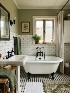Vintage bathroom with green accents and black fixtures design
