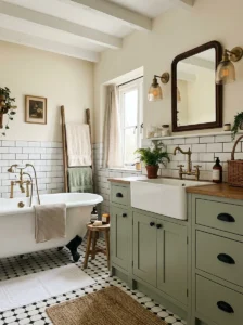 Vintage bathroom with sage cabinets and black accents