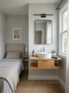 Floating vanity in small bedroom for clean look