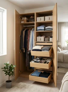 Pull-out drawers improving wardrobe storage