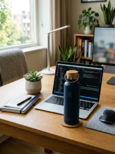 Water bottle supporting productivity at desk