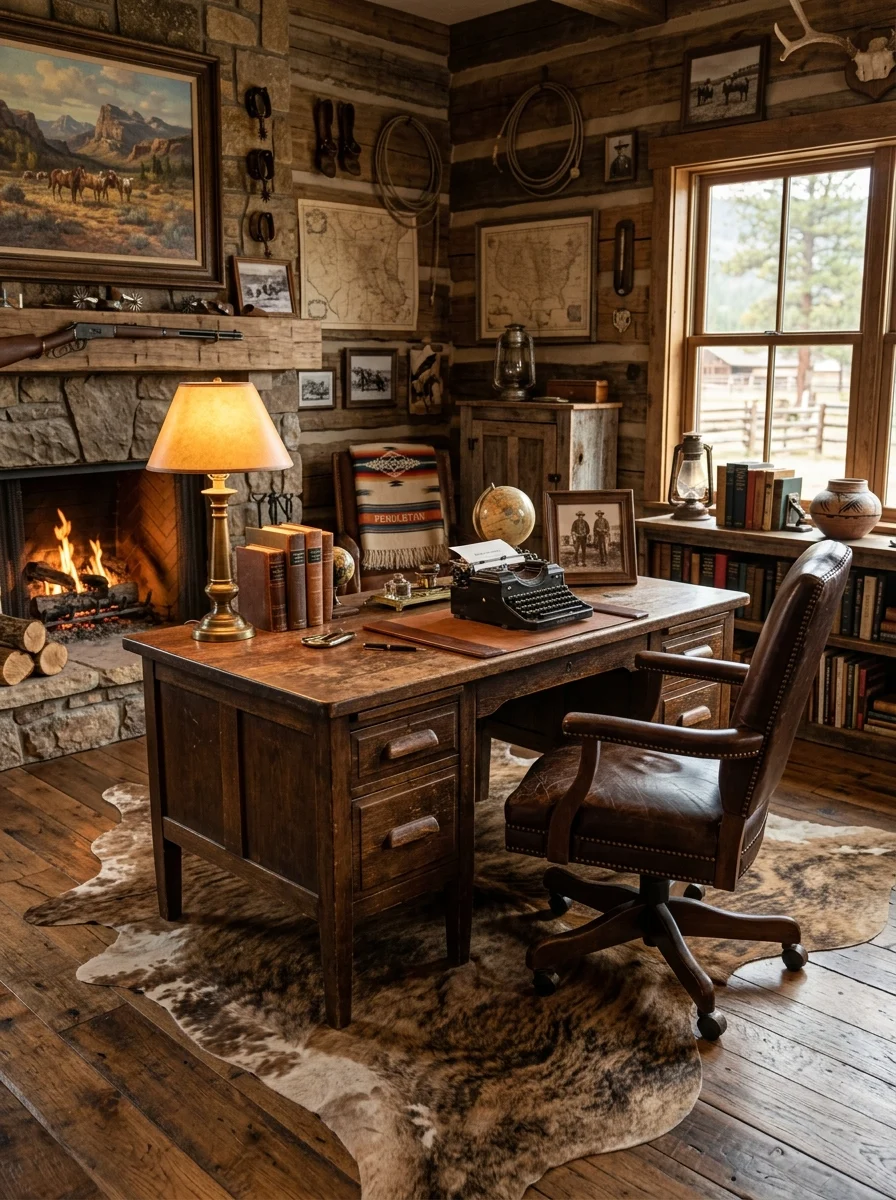 Western office decor with wooden desk, leather chair, warm lighting, and rustic classic style setup