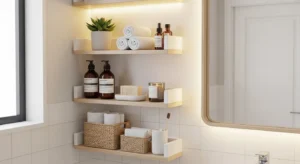Corner shelves maximizing bathroom space