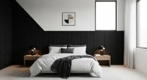 Textured black accent wall bedroom