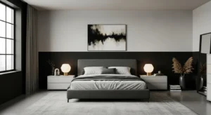 Half painted black accent wall bedroom