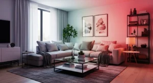 Smart lighting system in living room with adjustable brightness