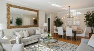 Mirror in living dining combo for space illusion