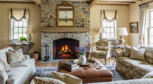 Stone fireplace living room
