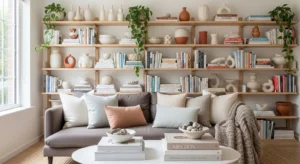 Open shelving French country living room