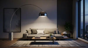 Oversized floor lamp creating statement lighting in living room