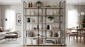 Open shelving divider in combo room