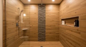 Wood look tile shower design