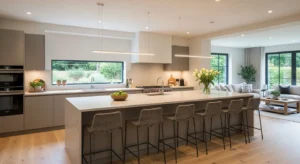 Kitchen island acting as divider in open living space