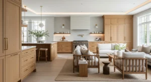 Cohesive finishes in open kitchen and living room