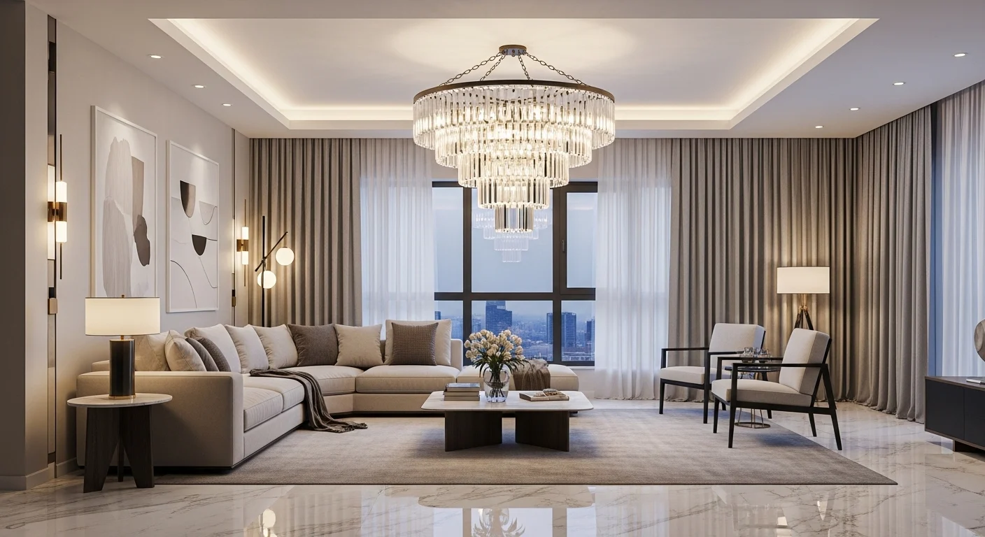 Living room with statement chandelier lighting centerpiece