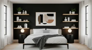 Black wall with shelves bedroom