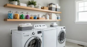 Floating shelves above washer dryer for storage