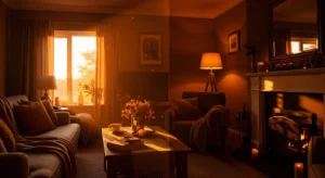 Living room lighting with dimmer switch creating soft ambiance