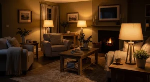 Soft lampshades creating warm lighting in living room