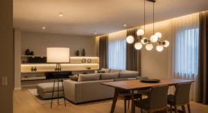 Layered lighting in living dining combo