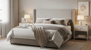 Upholstered headboard neutral bedroom