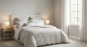 Patterned neutral bedding bedroom