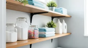 Open shelving in small laundry room