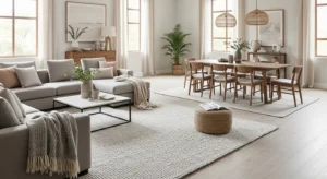 Living room rug defining space in combo layout