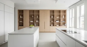 Built-in storage in open kitchen living room