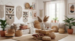 Woven decor boho living room