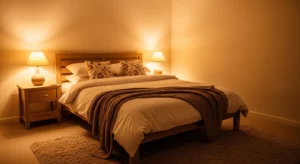 Warm lighting neutral bedroom