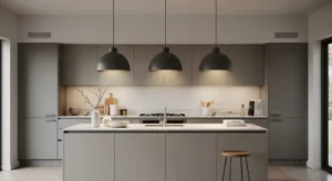 Dome-shaped modern pendant lights over kitchen island
