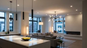 Statement lighting defining kitchen and living zones