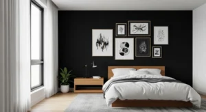 Black wall artwork bedroom design