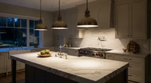 Warm brass pendant lights over marble kitchen island