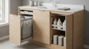 Pull out laundry hamper in small laundry room