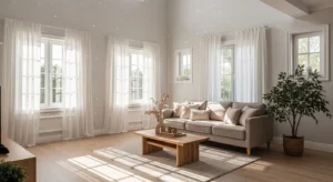 Living room filled with natural sunlight and bright atmosphere