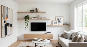 Open shelf living room decor