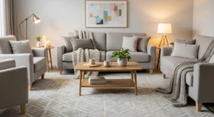 Neutral rug French country living room