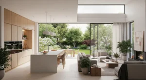 Sliding glass doors in open kitchen and living room