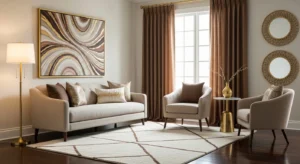 Brown and gold living room decor
