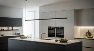 Slim LED strip pendant lights over modern kitchen island