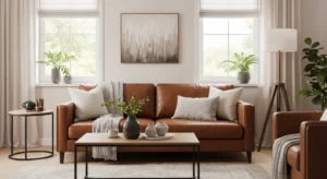 Brown leather sofa living room design