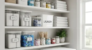 Clear storage containers in laundry room